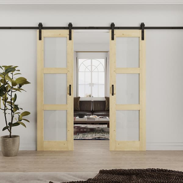 48 in. x 80 in. 3 Lite Tempered Frosted Glass Unfinished Solid Core Pine Wood Sliding Barn Door with Hardware Kit