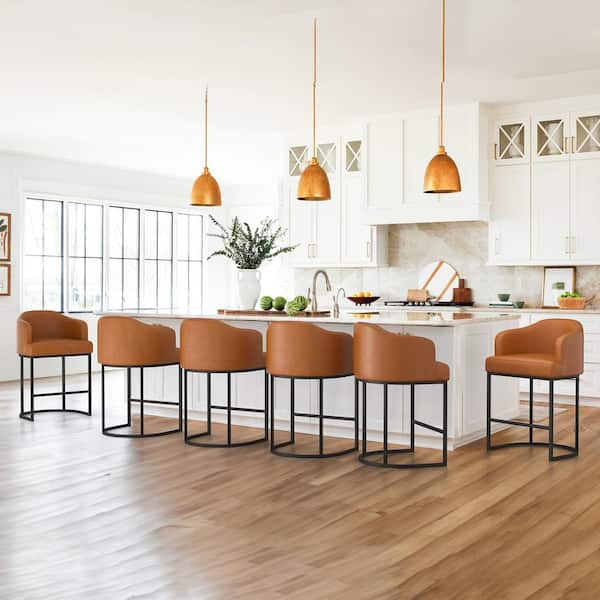 LUE BONA Crystal 26 in. Yellow Brown Linen Fabric Upholstered Counter Stool Kitchen Island Bar Stool with Metal Frame Set of 6