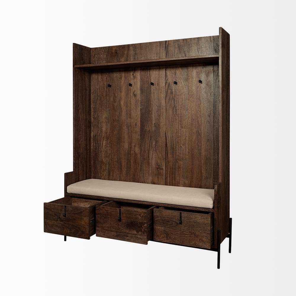 Glenn V Dark Brown Mango Wood Hall Tree with Storage and Cream Fabric Seat