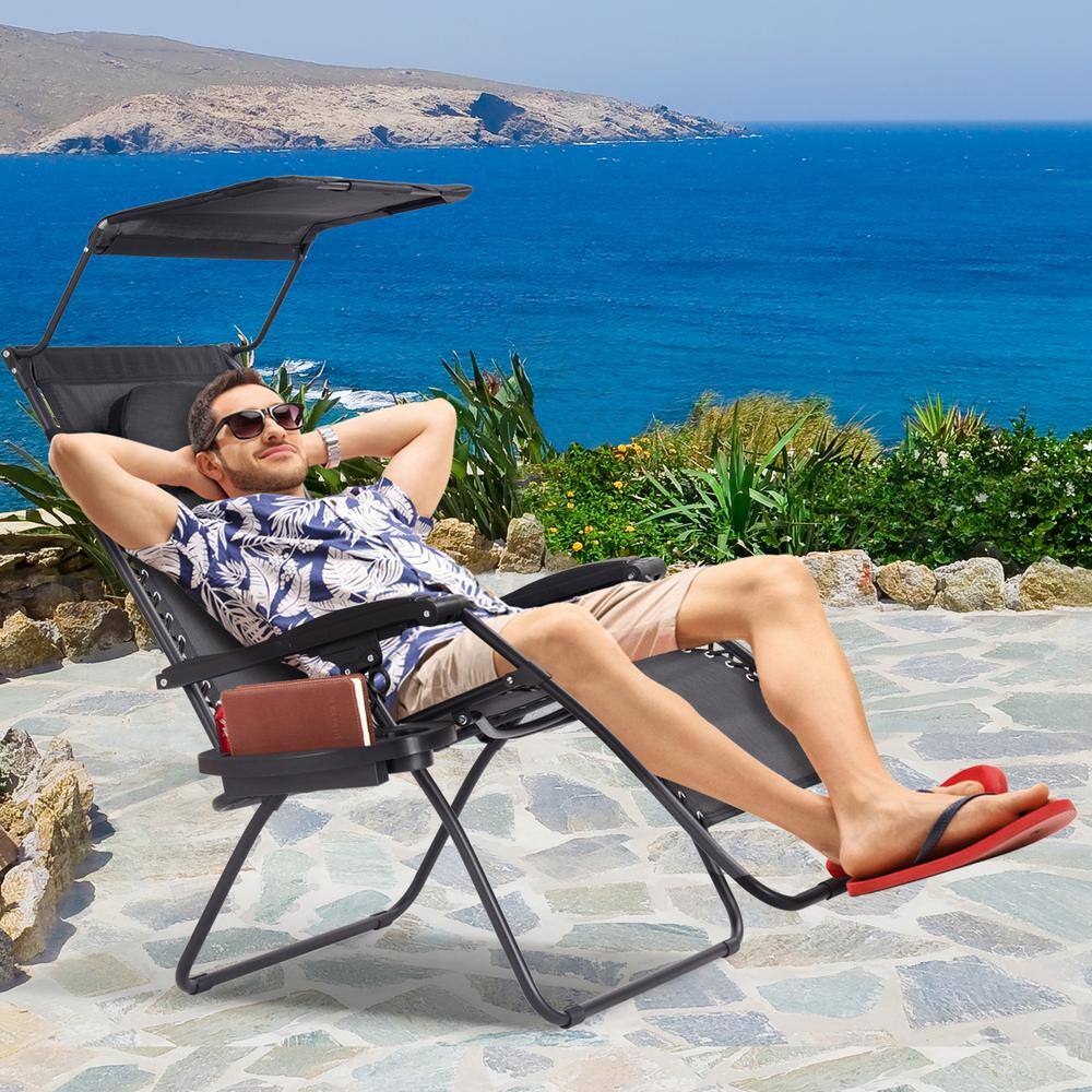 Black Steel Zero Gravity Recliner Lounge Chair with Adjustable Canopy