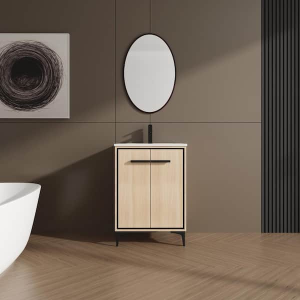 Dimakai 24 in. W Single Sink Freestanding Bath Vanity in Oak with White Ceramic Top