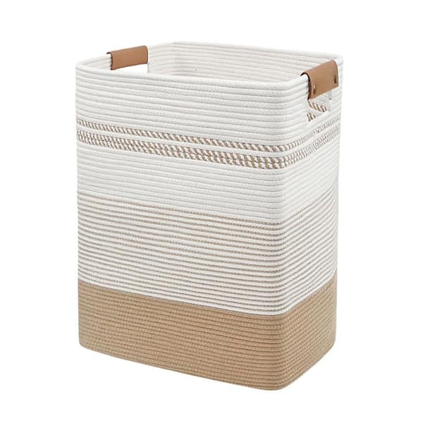 85L Jute and White Cotton Rope Woven Bathroom Laundry Hamper with Leather Handles for Dirty Bath Clothes Towels