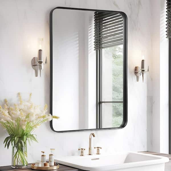 Black 24 in W x 36 in. H Rectangle Metal  Framed Matte Bathroom Vanity Mirror