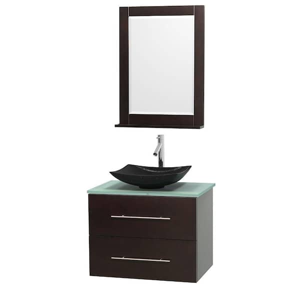 Wyndham Collection Centra 30 in. Vanity in Espresso with Glass Vanity Top in Green, Black Granite Sink and 24 in. Mirror