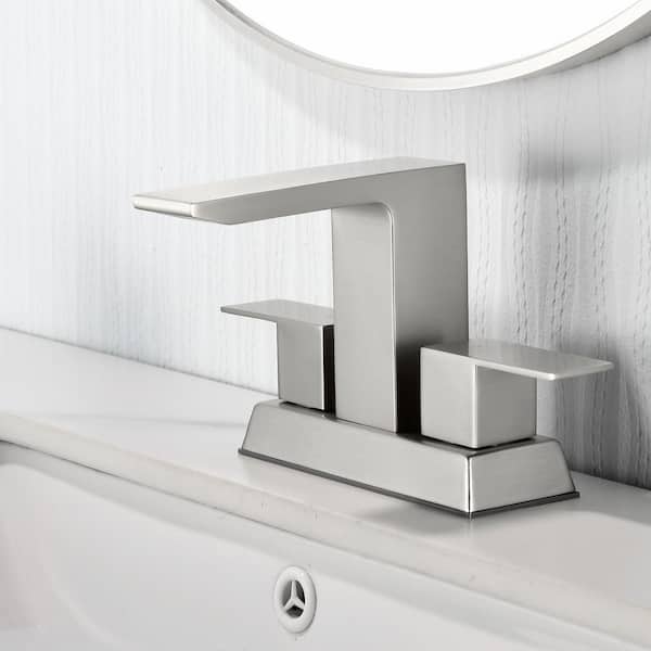 4 in. Centerset Double Handle, Square Bathroom Faucet with Drain Kit, Square Bathroom Sink Faucet in Brushed Nickel