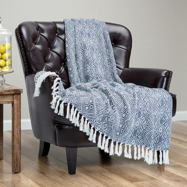 CHANASYA Multi Diamond Navy Cotton Throw Blanket with Tassels - 50 in. x 65 in.