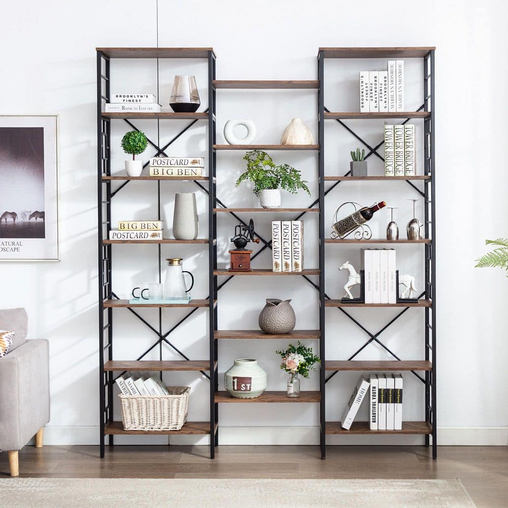 KINWELL 68.3 in. W Brown Wood 7-Shelf Etagere Wall Mount Bookcase with ...