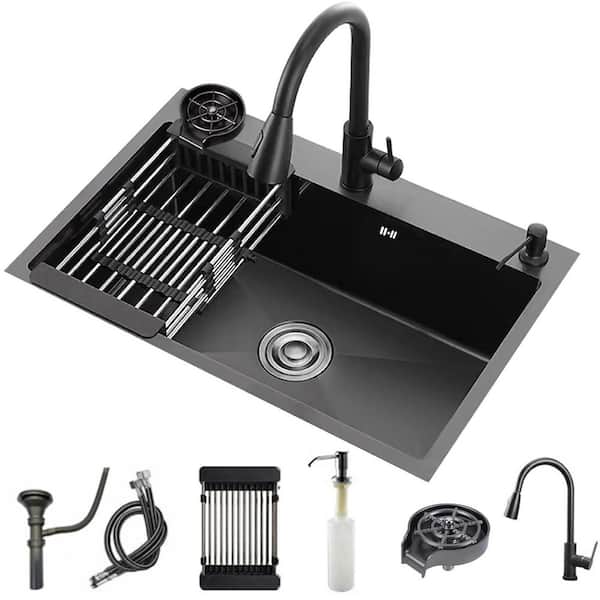 19.7 in. x 17.7 in. Black Kitchen Sink with Faucet, Top Mount/Drop-In 3 Hole Single Bowl Stainless Steel Sink