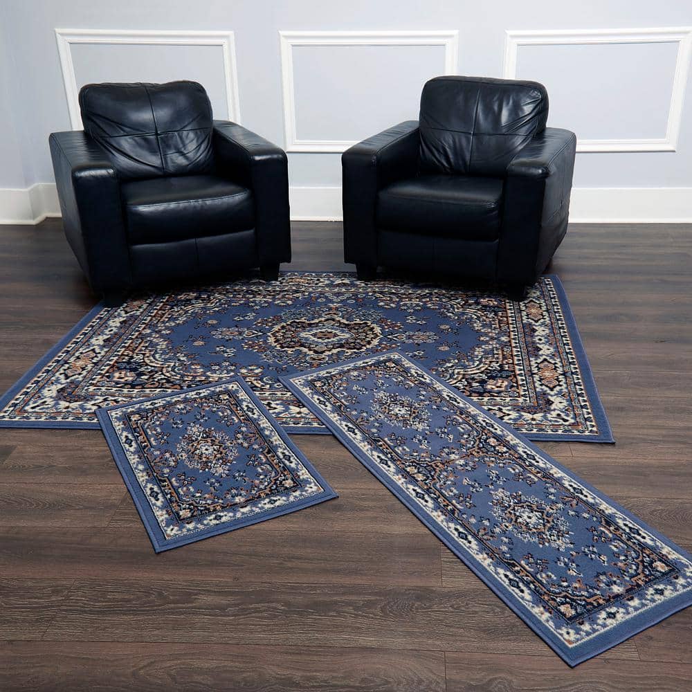 Blue Rectangular Synthetic Traditional Medallion Area Rug Set