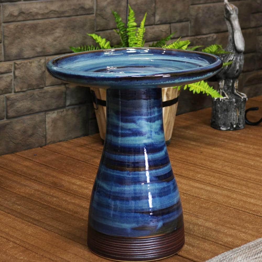 Galaxy Blue Ceramic Bird Bath with Ribbed Pedestal, 21" H