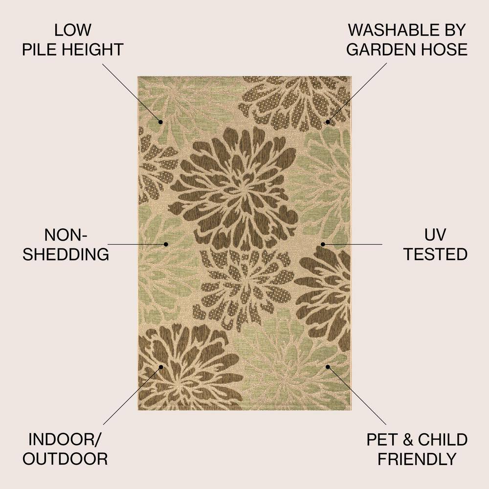Zinnia Sage and Brown Floral Flatweave Indoor/Outdoor Rug