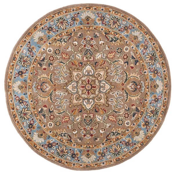 Classic 6 ft. x 6 ft. Round Beige/Light Blue Border Area Rug