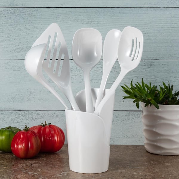 5 Pc Lot Plastic Kitchen Utensils 2 Spoons Strainer Ladle White