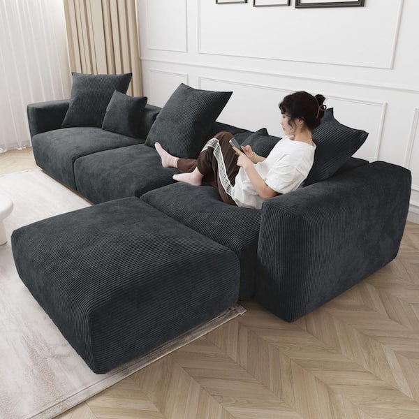 J&E Home 141 in. W Black Square Arm 6-piece Corduroy Velvet Free Combination Modular 6-Seats Sectional Sofa with Ottoman
