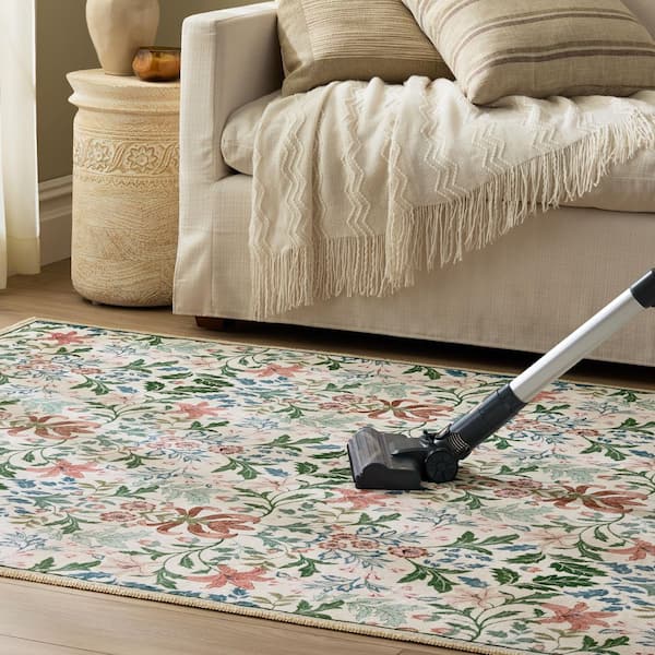 EVERWASH Haven 6 ft. x 9 ft. Ivory Vintage Floral Washable Area Rug