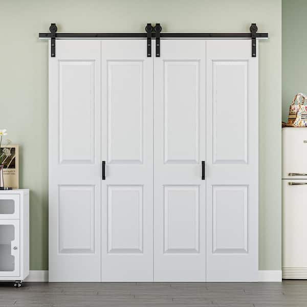 72 in. x 84 in. Paneled 4-Lite White Primed MDF Composite Bi-Fold Sliding Barn Door with Hardware Kit and Handle
