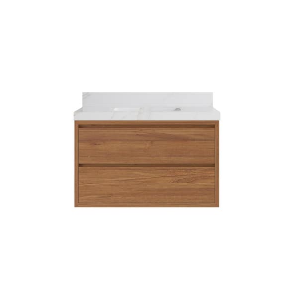 Willow Collections Madison Float 36 in. W x 22 in. D x 36 in. H Bathroom Vanity Center Sink in Dark Natural with 2 in. Calacatta Sienna Top