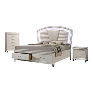 Litzler 3-Piece LED Headboard Pearl White Wood King Bedroom Set with Nightstand and Chest