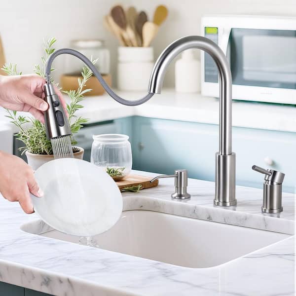 Brass Single Handle Pull Down Sprayer Kitchen Faucet with Soap Dispenser in Brushed Nickel