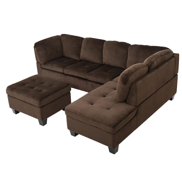 Noble House 3-Piece Chocolate Brown Fabric 4-Seater L-Shaped Sectional Sofa with Ottoman
