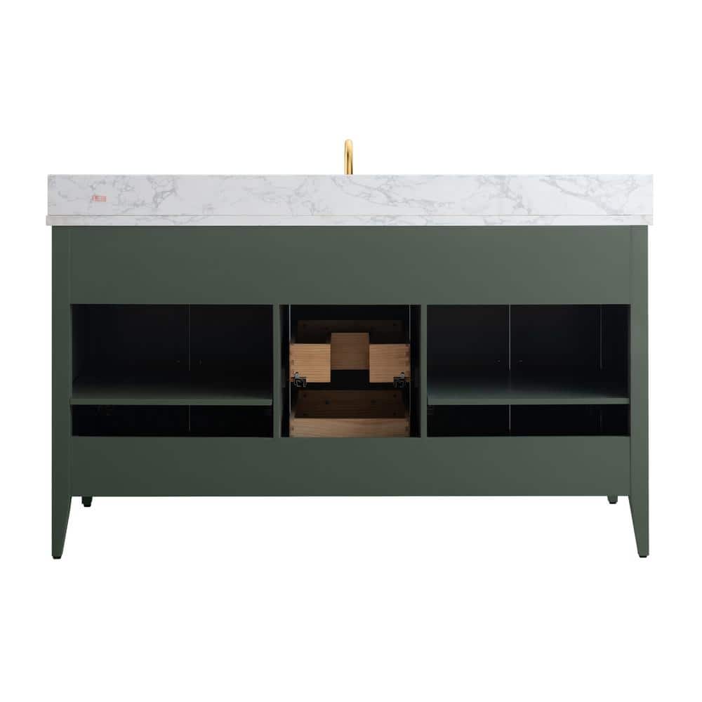 Vintage Green 60" Poplar Wood Single Sink Bathroom Vanity with Engineered Marble Countertop