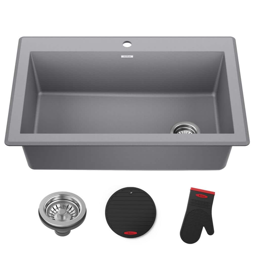 Gray 33-Inch Single Bowl Granite Drop-In Kitchen Sink