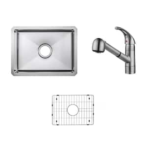 20 in. Handmade Tiny Radius Undermount Single Bowl 16 Gauge Stainless Steel Kitchen/Bar Sink with Pullout Brushed Faucet