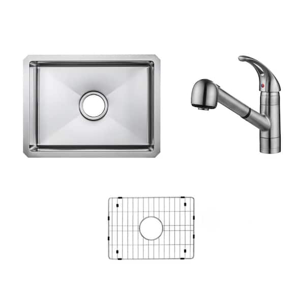 CHESHIRE 20 in. Handmade Tiny Radius Undermount Single Bowl 16 Gauge Stainless Steel Kitchen/Bar Sink with Pullout Brushed Faucet