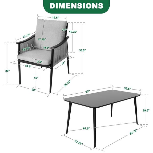 Black 7-Piece Aluminum and Textilene Rope Outdoor Dining Set with Gray Zippered Cushions