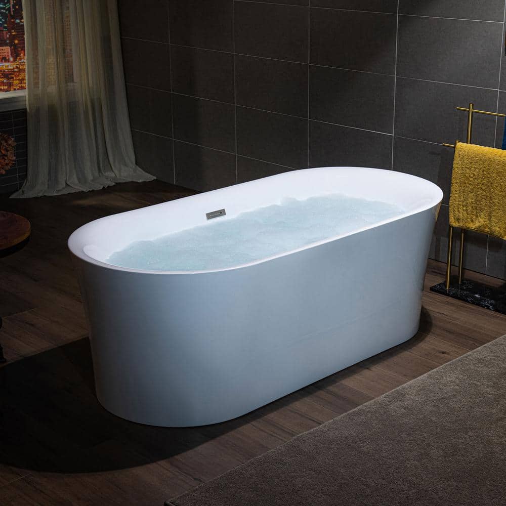 White Acrylic Freestanding Oval Soaking Bathtub with Brushed Nickel Drain