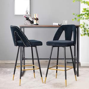 40.10 in. Black Velvet Upholstered Bar Stool with Nailheads and Gold Tipped Metal Legs, Set of 2