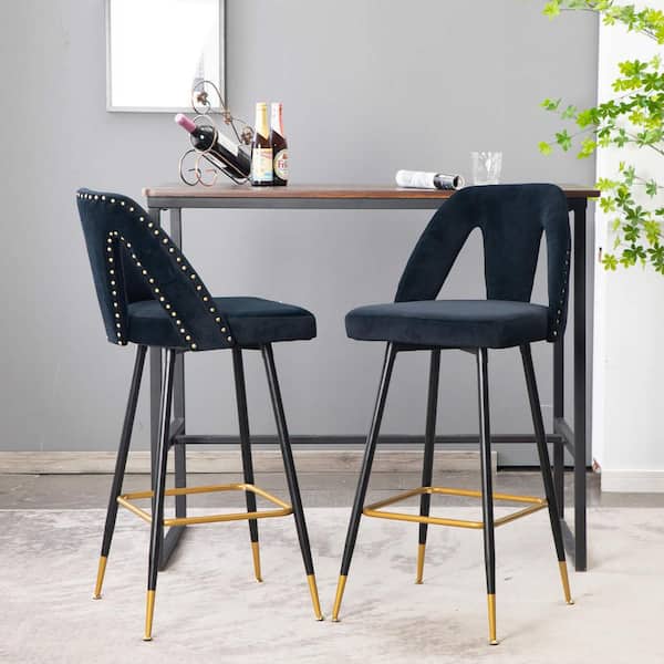 GOJANE 40.10 in. Black Velvet Upholstered Bar Stool with Nailheads and Gold Tipped Metal Legs, Set of 2