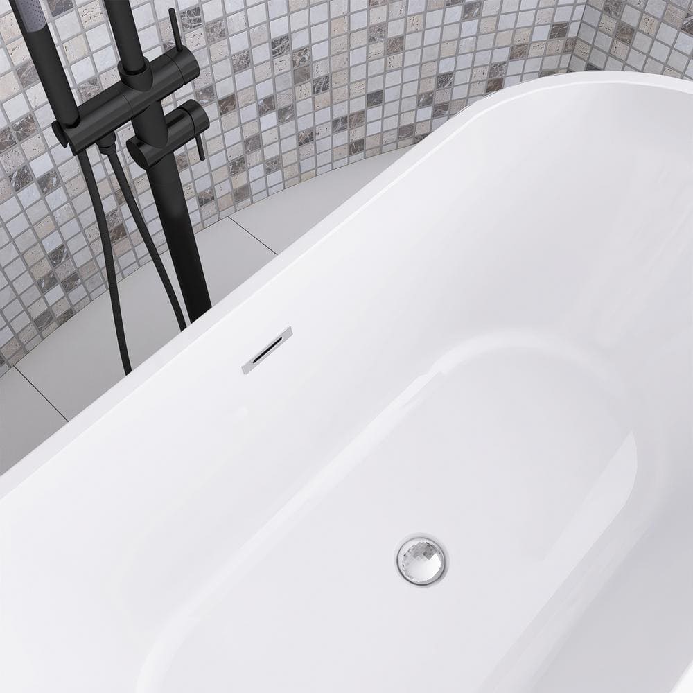 63'' White Acrylic Freestanding Soaking Bathtub with Center Drain