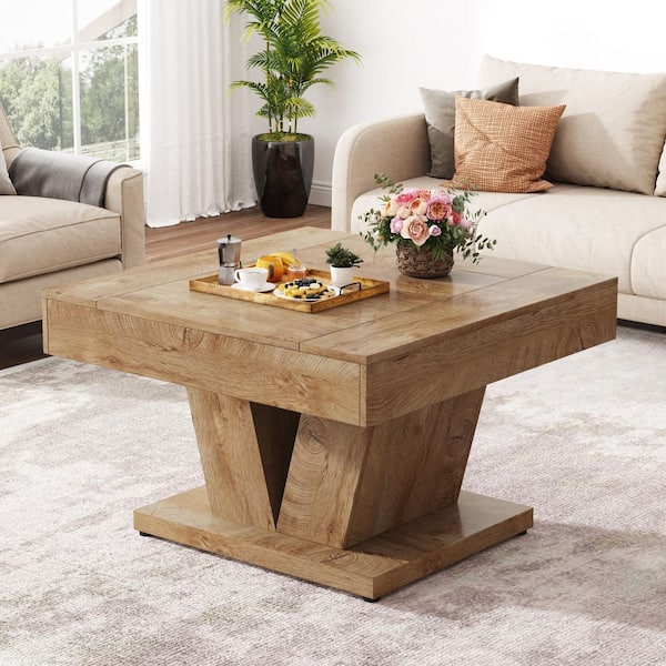 31.5 in. Light Brown Square Engineered Wood Coffee Table, Farmhouse Center Table Cocktail Tea Table for Living Room