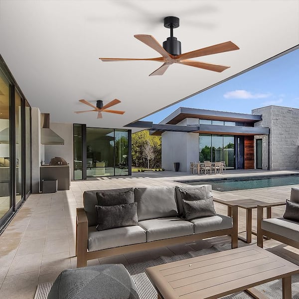52 in. Indoor/Outdoor Matte Black Modern Ceiling Fan with 5-Wood Fan Blades and DC Motor Downrod Remote Included