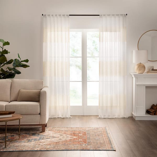 Mercantile Gilson Ivory Horizontal Border Polyester 50 in. W x 84 in. L Sheer Single Rod Pocket Curtain Panel