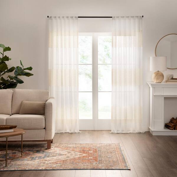 Mercantile Gilson Ivory Horizontal Border Polyester 50 in. W x 95 in. L Sheer Single Rod Pocket Curtain Panel