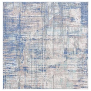 Skyler Collection Gray Beige/Blue 7 ft. x 7 ft. Abstract Stiped Square Area Rug