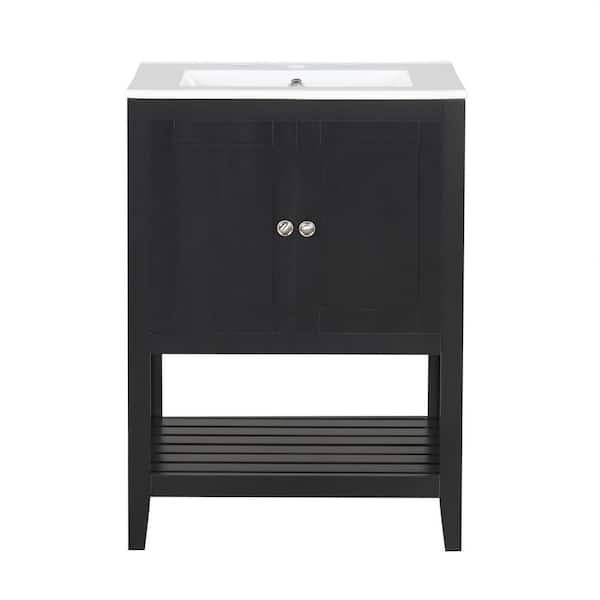 Lycvki 24 in. W Freestanding Bath Vanity in Black with White Ceramic Top, Solid Wood Frame Open Style Shelf