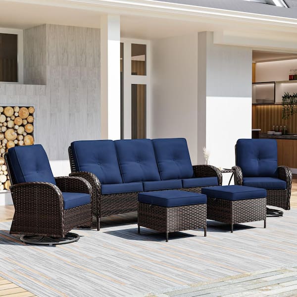 6-Piece Wicker Patio Conversation Seating Sofa Set with Blue Cushions and Swivel Rocking Chairs