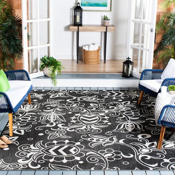 Beach House Black/Light Gray 9 ft. x 12 ft. Abstract Medallion Indoor/Outdoor Area Rug