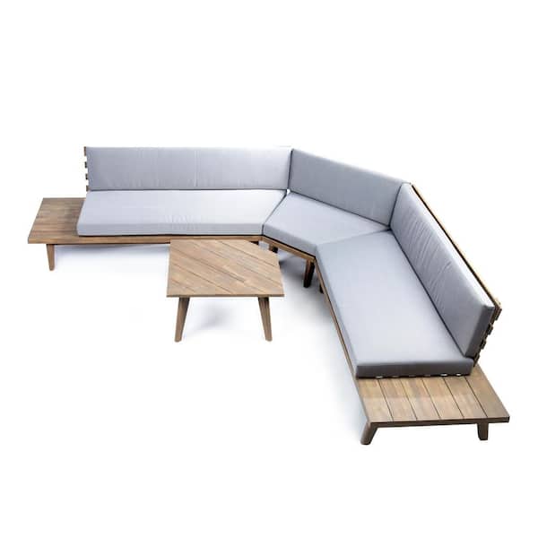 4-Piece Wood Outdoor Patio Sectional Seating Set with Gray Cushions