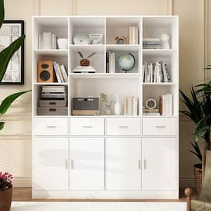 78.7 in. Tall White Wooden 15-Bookshelf Accent Bookcase Storage cabinet with Adjustable Shelves, 4 Drawers and 4 Doors