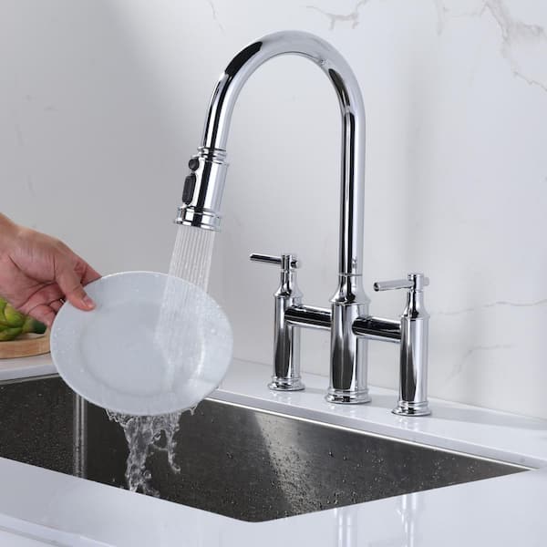 1 or 3 Holes Brass Double Handle Bridge Kitchen Faucet with 3-Mode Pull Down Sprayer and Supply Lines in Polished Chrome