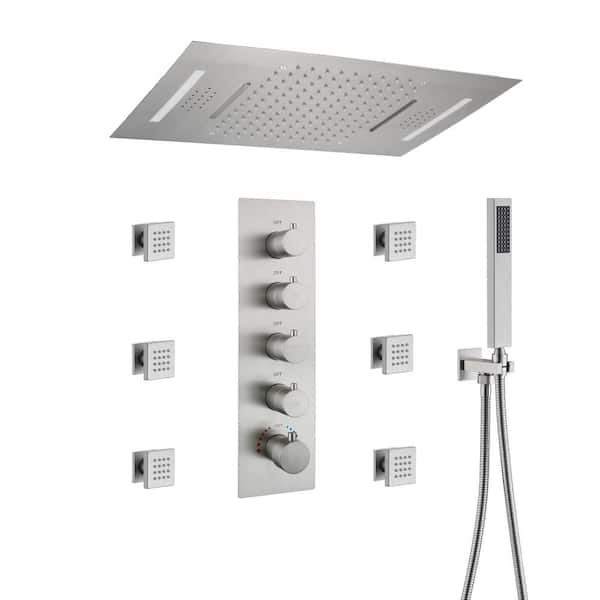 CASAINC 4-Spray Dual Shower Head and Handheld Shower Head Ceiling Mount 2.5 GPM with 6-Body Jets, LED and Music, Brushed Nickel