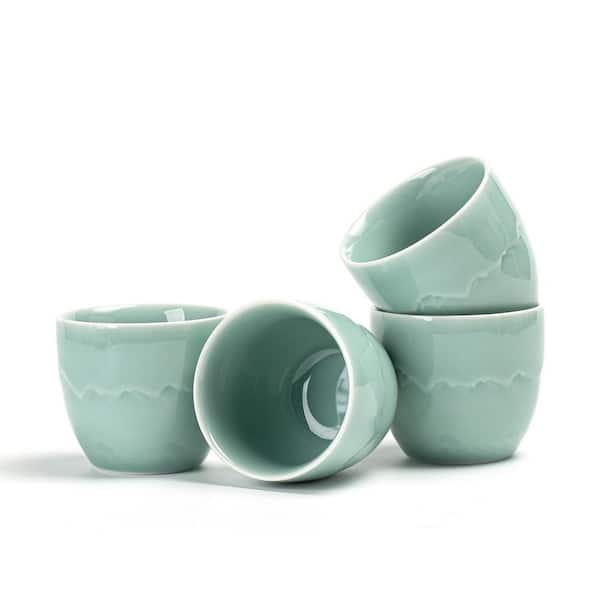 4-Cup, Celedon Blue Classic Ceramic Teacup with Matte Exterior, Dishwasher Safe, 5.6 oz. Capacity, Zen Minimalist Design