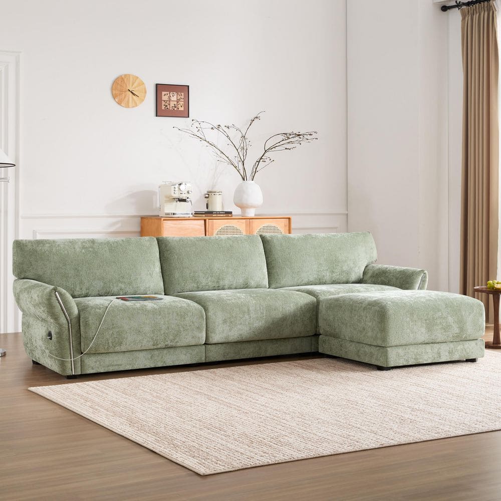 Extra-Wide Chenille 4-Seat L-Shape Modular Sectional Sofa in Green with USB