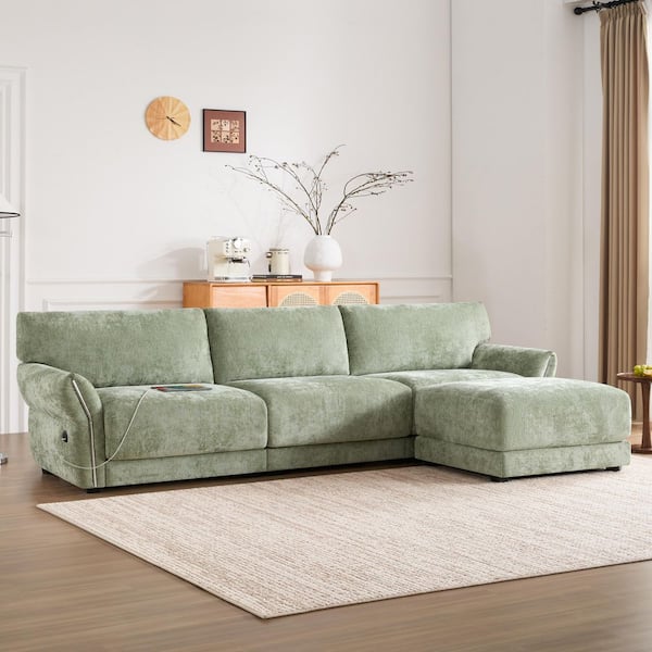 110 in. Extra-Wide Chenille L-Shape Modular Sectional Sofa in Green with USB and Type-C Charger Free Movement Ottoman