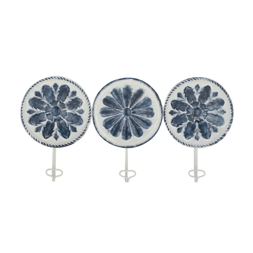 White and Blue Floral Metal Wall Hooks Set of Three