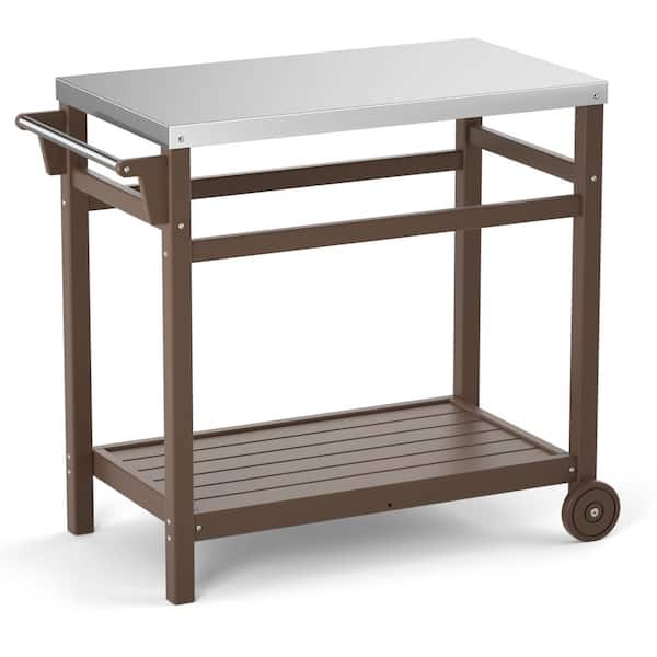 Brown HDPE Movable Outdoor Dining Cart Table, Grill Cart Prep Cart with Stainless Steel Tabletop